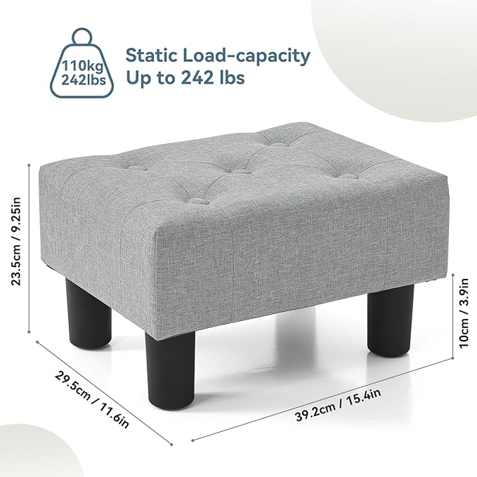 Poofzy Small Foot Stool Ottoman, Linen Ottoman Foot Rest with Legs, Rectangle Foot Rest for Couch, Footstools and Ottomans Small for Living Room and Entryway (Light Gray)