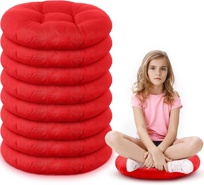 Fumete 8 Pcs 16 Inch Round Floor Cushions for Kids and Toddlers, Flexible Seating Classroom Furniture Floor Pillow for Home, Daycare, Preschool, Yoga and Meditation (Red)