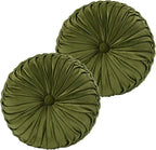 HIG Set of 2 Decorative Round Pleated Throw Pillows, Classy Accent Pumpkin Throw Pillows with Center Button, Vintage Velvet Floor Pillows for Sofa Couch Vanity Chair Bed, Olive, 14.5" Diameter(Ripple)