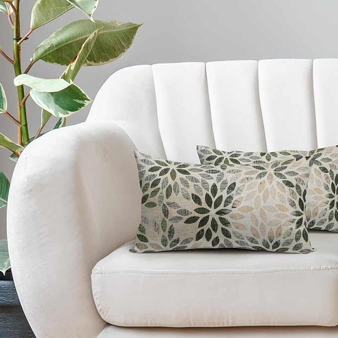 Kawani Olive Green Dahlia Lumbar Pillow Covers 12X20 Inch Rustic Geometric Flower Decorative Pillow Cases Set of 2 Beige Tan Gray Floral Throw Pillows for Cushion Sofa Couch Farmhouse Outdoor