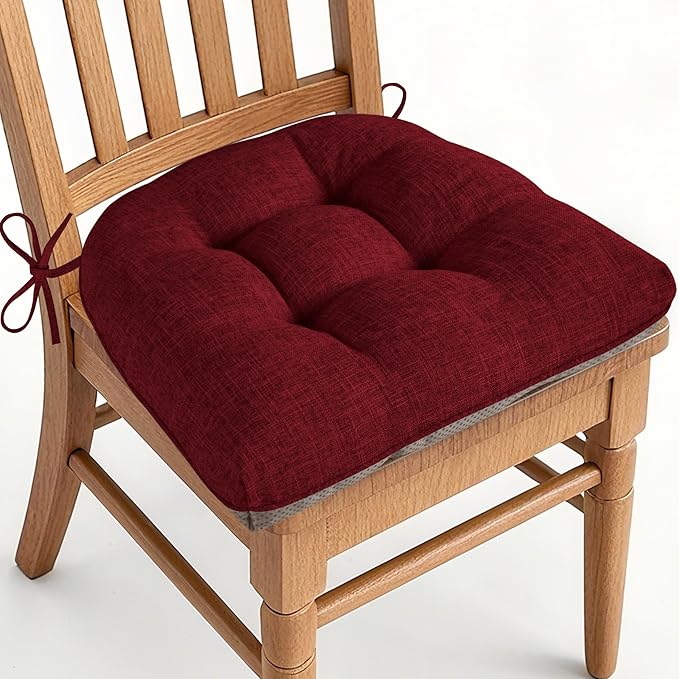 AddGrace Chair Cushions for Dining Chairs Set of 1 Kitchen Seat Cushions with Ties and Non Slip Backing Tufted Indoor Seat Pad for Kitchen Dining Room 18" x 17" x 3" Burgundy