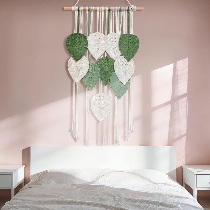 NYEONHRT Macrame Wall Hanging Boho Leaf and Feather Tapestry Handmade Woven Wall Art for Living Room Bedroom Nursery Decor 16x31 Inch (White green)