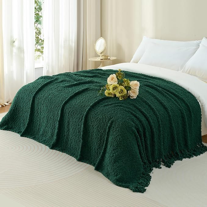 Throw Blanket for Couch, Dark Green Luxury Knitted Throws 60"x80", Textured Blankets with Handmade Fringe Tassels for Bed Sofa Decorative, Chunky Soft Farmhouse Boho Home Decor