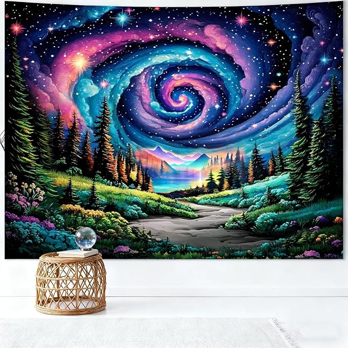 Apdidl Space Galaxy Forest Tapestry for Bedroom, Green Nature Landscape Colorful Night Starry Sky Stars Wall Tapestry, Mysterious Nebula Mountain Wall Hanging Backdrop Decor for Living Room 60" X 79"