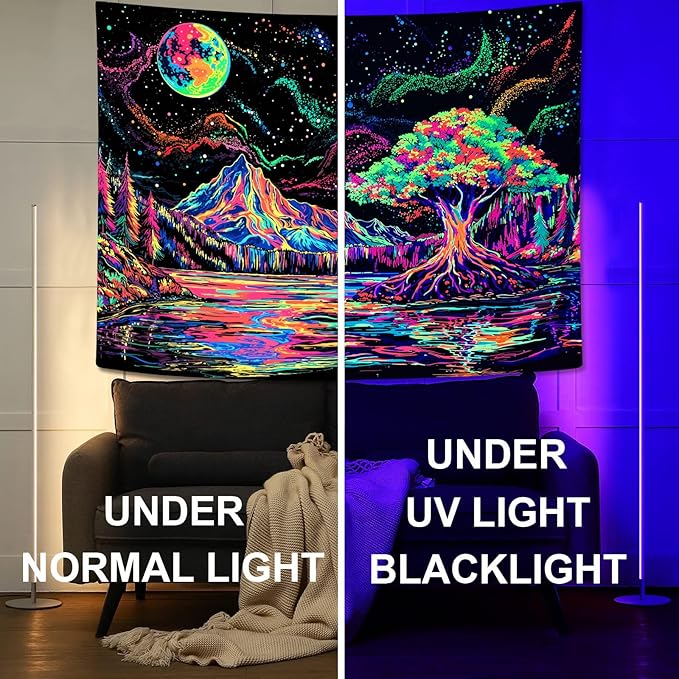 Zussun Blacklight Mountain Forest Tapestry Hippie Tree of Life Tapestries for Bedroom Aesthetic Glow in The Dark Moon and Stars Tapestry Wall Hanging for Living Room Dorm 80 × 60 Inch
