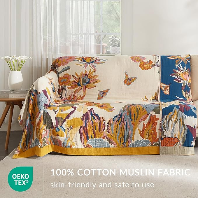 Boho Throw Blanket for Couch Sofa Bed, 100% Cotton Woven Quilt with Tassel 60”x80”, Super Soft Muslin Blanket with Floral Printed, Decorative Reversible Bed Blanket/Cover for All Seasons