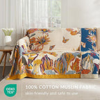 Boho Throw Blanket for Couch Sofa Bed, 100% Cotton Woven Quilt with Tassel 80”x90”, Super Soft Muslin Blanket with Floral Printed, Decorative Reversible Bed Blanket/Cover for All Seasons
