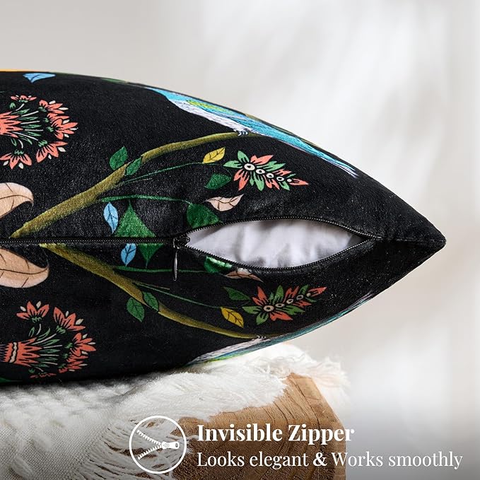 MUSSEL Black Velvet Throw Pillow Covers 16x16 Pack of 2, Vintage Floral Pillow Covers, Mid Century Flower Plant Cushion Covers for Sofa Living Room Home Decor