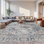 10x14 Area Rugs for Living Room Bedroom, Large Washable Rug, Blue Vintage Retro Boho Rug, Non Slip & Low Pile Faux Wool Thin Carpet for Indoor Dining Room and Kids Room(Blue 10x14ft)
