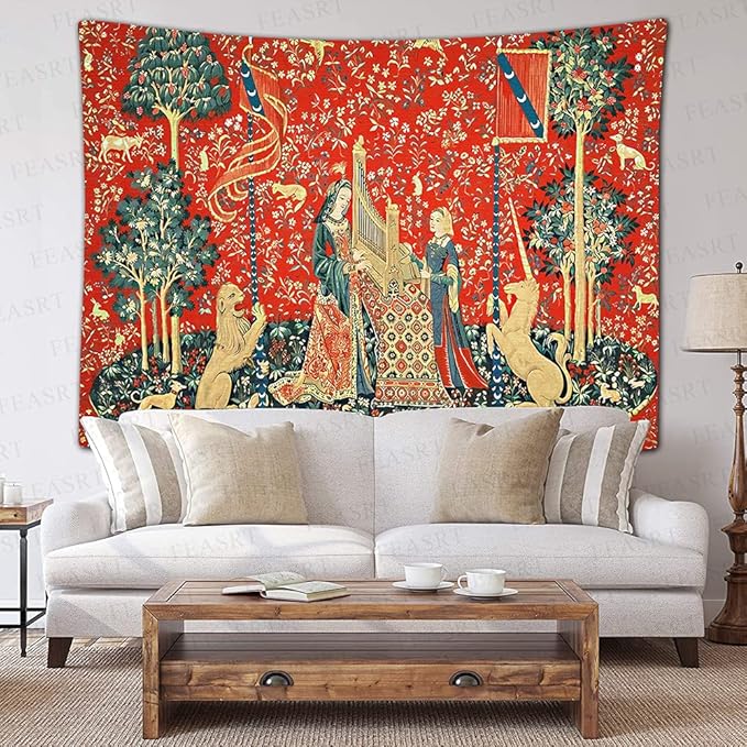 FEASRT Medieval Maiden and Unicorn Tapestry European Royal Tapestry Lion Tapestry, 60x40 Inches Soft Flannelette, Lady and Unicorn for Living Room Bedroom Dorm