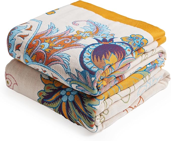 Boho Throw Blanket, 100% Organic Cotton Breathable Skin-Friendly Ultra Soft Bed Quilt Throw - All Season Floral Bird Farmhouse Décor Luxury Blanket for Sofa Couch Chair and Gift. 60" x 80"