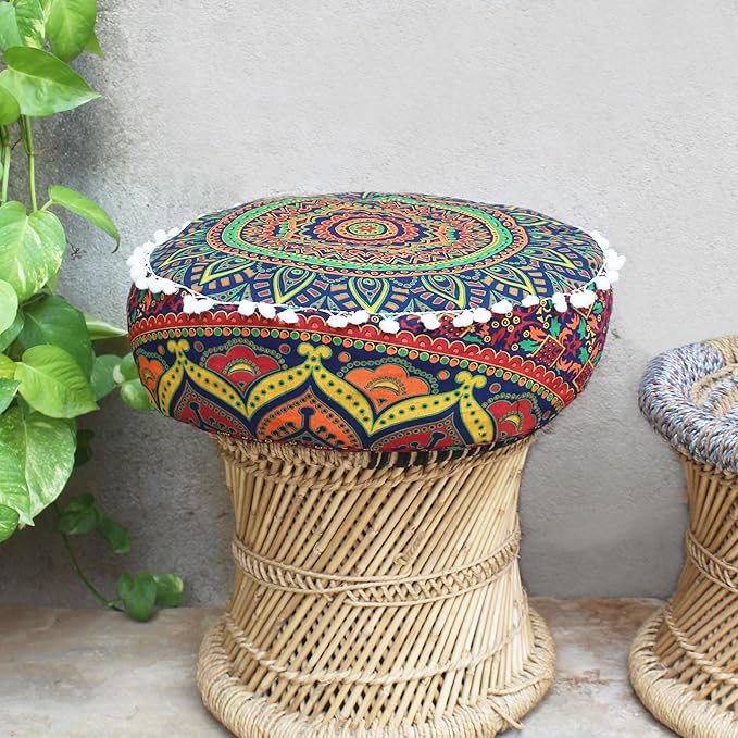 INDIAN CRAFT CASTLE ICC Floor Pillows & Cushion Covers Decorative Hippie Mandala Pouf Pillow Covers Seating Meditation Cushion Cover Large Boho Ottoman Case Pillowcase Couch New Blue, 24" Round