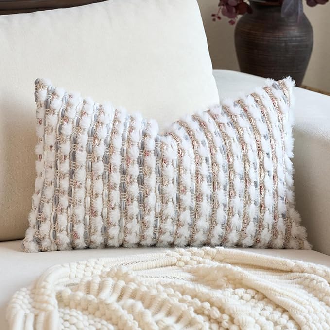 Aeckself Handmae Boho Chenille Tufted Pillow Cover 12x20 Inch, Rectangle Decorative Lumbar Throw Pillow Cover Neutral Pillowcase for Couch Bedroom Living Room, Grey White