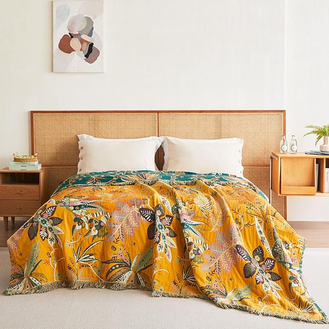 Boho Throw Blanket - 50"x60" Soft Cotton Throw Blanket Muslin Blankets for Bed, Reversible Lightweight Spring Blanket with Floral Printed, All Season Farmhouse Decor Rustic Blanket