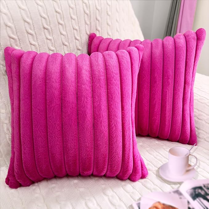 2 Pack 24x24 Pillow Cover Velvet Pillow Covers, Faux Fur Square Throw Pillow Covers for Living Room Decorations Throw Pillow Case, Throw Pillow Cover Cushion Cover for Home Sofa Bedroom Car, Hot Pink
