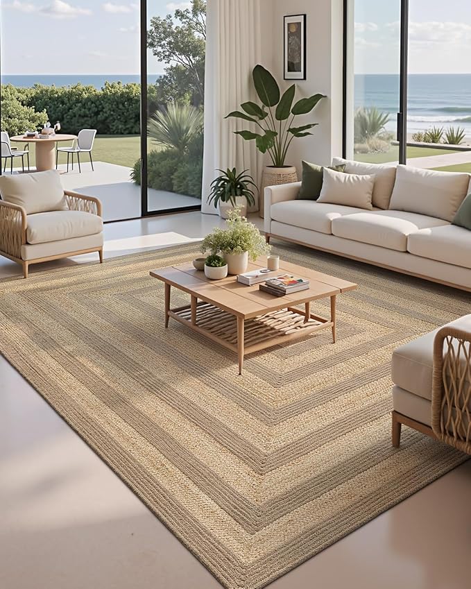 LUMI 8x10 Jute Area Rug for Living Room, Natural Handwoven Rugs Non Slip, Farmhouse Braided Carpets No Shedding for High Traffic, Dining Room, Indoor, Outdoor, Patio