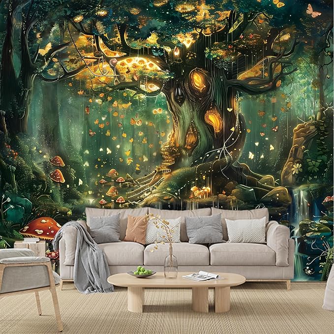 Apdidl Forest Wall Tapestry for Bedroom, Nature Green Tree of Life Tapestries Wall Hanging, Fairy Tales Magical Landscape Backdrop Mural for Living Room Dorm Decor (60"X79")