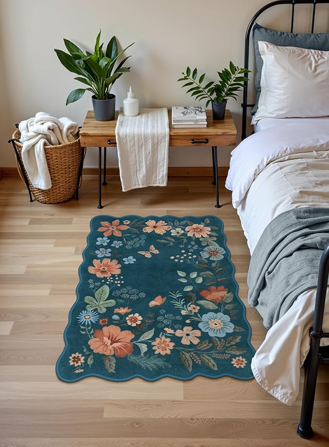 Lahome Floral Washable Entryway Rug, 2X3 Soft Kitchen Rugs Non-Slip, Ultra-Thin Door Mat Indoor Entrance Stain Resistant Boho Small Throw Carpet for Bathroom Bedroom Entry Flore, Navy Blue