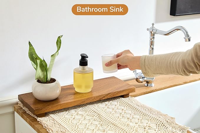 Narrow 17" Acacia Wood Riser Pedestal Stand – Farmhouse Wood Display Riser for Kitchen and Bathroom Decor - Counter Display, Plant Stand, Jewelry Holder, Vanity Tray, Candle Stand (Narrow:17"x6"x1.57")