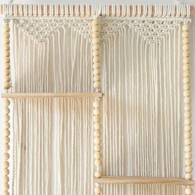 Macrame Wall Hanging Shelf Boho Wall Decor Home 2 Tier Hanger Shelves Braided with Tassels Shelves Organizer for Kitchen, Bedroom, Home Storage, Floating Plant Shelf (Wood)