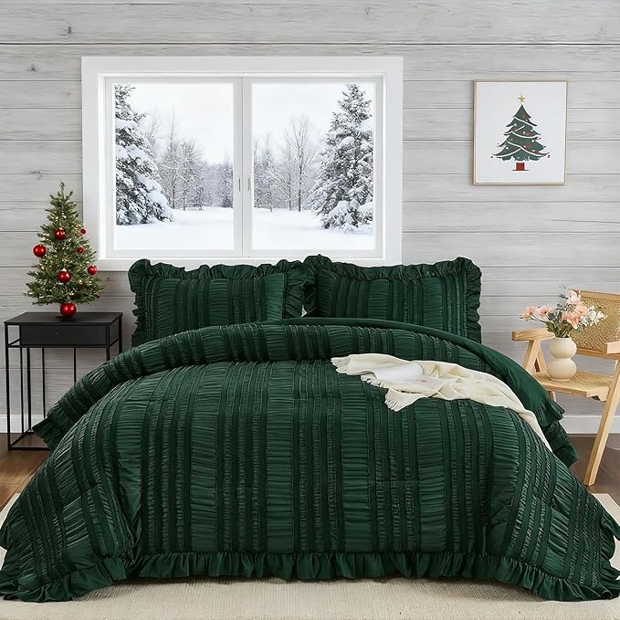 WONGS BEDDING King Size Comforter,Christmas Emerald Green Boho Comforter Set King,Shabby Chic Bedding Set for Bed, 3 Pieces Soft Lightweight Farmhouse Comforter for All Season 104"×90"