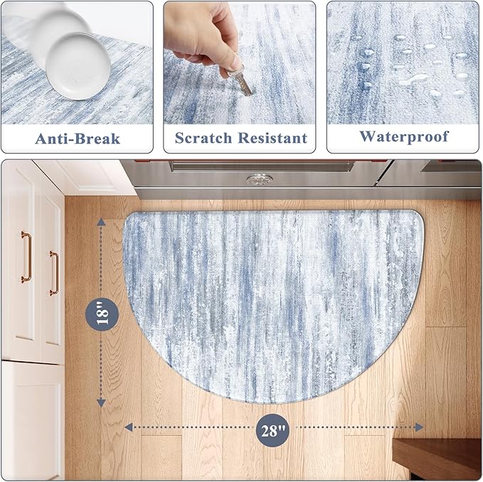 KIMODE Anti Fatigue Mats for Kitchen Floor 18"x28", Farmhouse Half Circle Kitchen Rug, Cushioned Kitchen Floor Mat Non Skid, Memory Foam Kitchen Mat for Laundry Office Sink Desk Blue