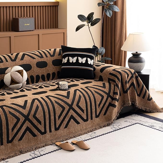 VClife Couch Cover Bohemian Morroccan Sofa Cover Washable Sofa Slipcover for 2 Cushion Couch Sofa Non Slip Soft Chenille Furniture Protector Modern Brown Black Slip Cover for Couch 71''x118''