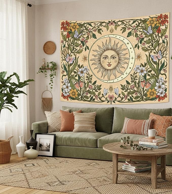Accnicc Boho Sun and Moon Tapestry Vintage Floral Wall Tapestry for Bedroom Aesthetic Beige Celestial Plant Flower Butterfly Small Tapestries Wall Hanging for Living Room Dorm 60 x 44 Inch