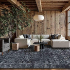 9x12 Area Rugs for Living Room Bedroom, Large Washable Rug, Black Vintage Floral Boho Rug, Non Slip & Low Pile Faux Wool Thin Carpet for Indoor Dining Room and Kids Room(Black 9x12ft)