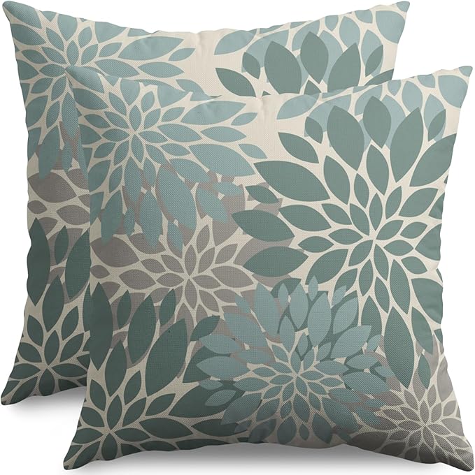 Aqua Blue Pillow Covers 16X16 Inch Set of 2, Dahlia Flower Spring Summer Floral Cream Decorative Throw Pillow Covers Outdoor Modern Farmhouse Cushion Case for Home Couch Sofa Bed Decor