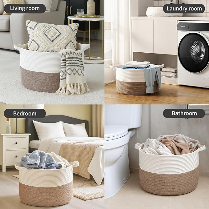 ShellKingdom Laundry Basket, Large Natural Rope Woven Storage Basket with Handles for Home, Living Room, Laundry, Storage Organizer for Blankets, Clothes, Plant, Toys, 13.78 x 21.65 INCH (White Brown)