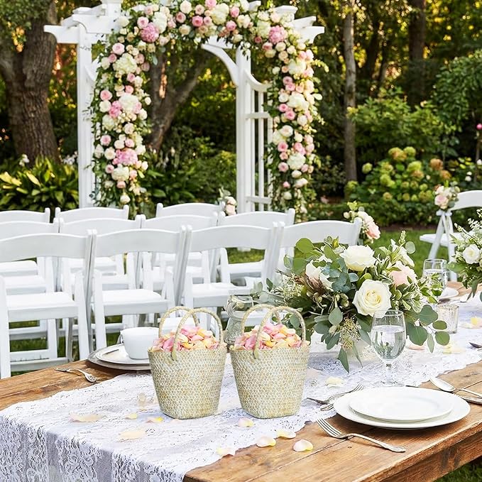LemonRoad 2 Pcs Flower Girl Basket for Wedding Small Rustic Seagrass Basket with Handle Boho Wedding Flower Storage Farmhouse Decor for Petals Confetti Sweets Gifts 5.12 x 5.51''d (White)
