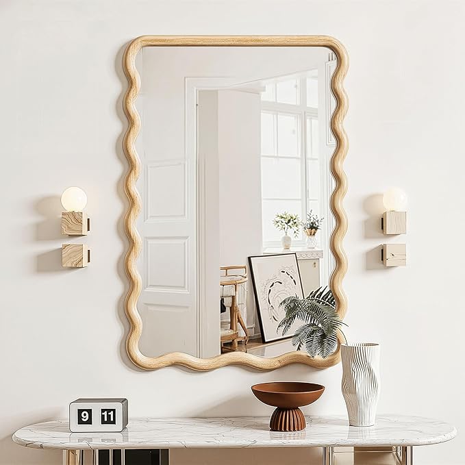 Wavy Mirror for Wall, 30"x20" Boho Bathroom Floor Vanity Mirror with Wooden Frame, for Bedroom, Living Room, Entryway, Farmhouse
