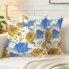 Mustard Yellow Floral Spring Summer Throw Pillows Covers 18x18 Inch Set of 2, Blue Flowers Pillowcases, Boho Square Cushion Covers for Couch Sofa Bedroom Living Room Farmhouse, Boho Spring Home Decor