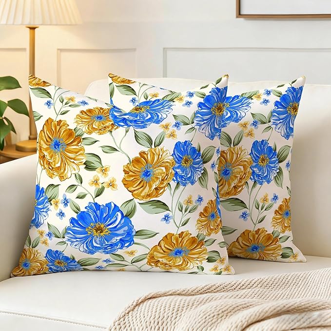 Mustard Yellow Floral Spring Summer Throw Pillows Covers 18x18 Inch Set of 2, Blue Flowers Pillowcases, Boho Square Cushion Covers for Couch Sofa Bedroom Living Room Farmhouse, Boho Spring Home Decor