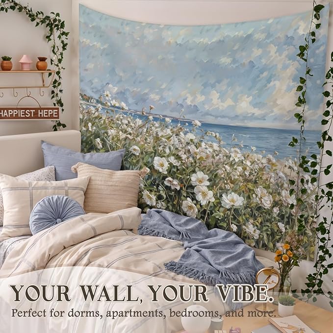 STHTTSW Coastal Wildflower Tapestry, Flower Field Landscape Tapestries Wall Blanket, Preppy Beach Floral Wall Hanging Decor for Teen Girl Women Home Living Room Bedroom, 50x60 Inch