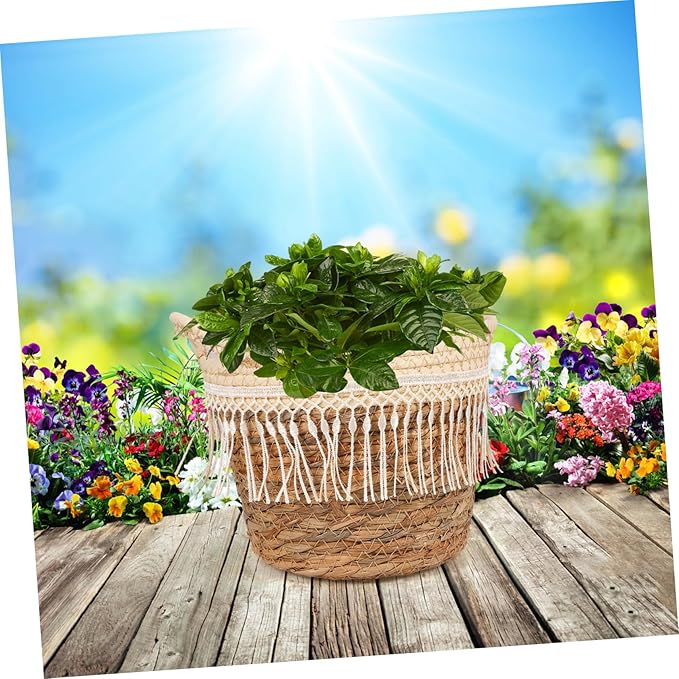 DECHOUS Woven Plant Pot Basket with Tassel Boho Style Planter for Indoor Outdoor Use Compact Decorative Flower Holder and Storage Basket Farmhouse Floral Decor Gift