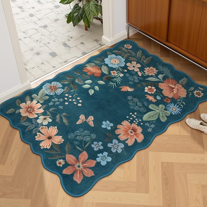 Lahome Floral Washable Entryway Rug, 2X3 Soft Kitchen Rugs Non-Slip, Ultra-Thin Door Mat Indoor Entrance Stain Resistant Boho Small Throw Carpet for Bathroom Bedroom Entry Flore, Navy Blue