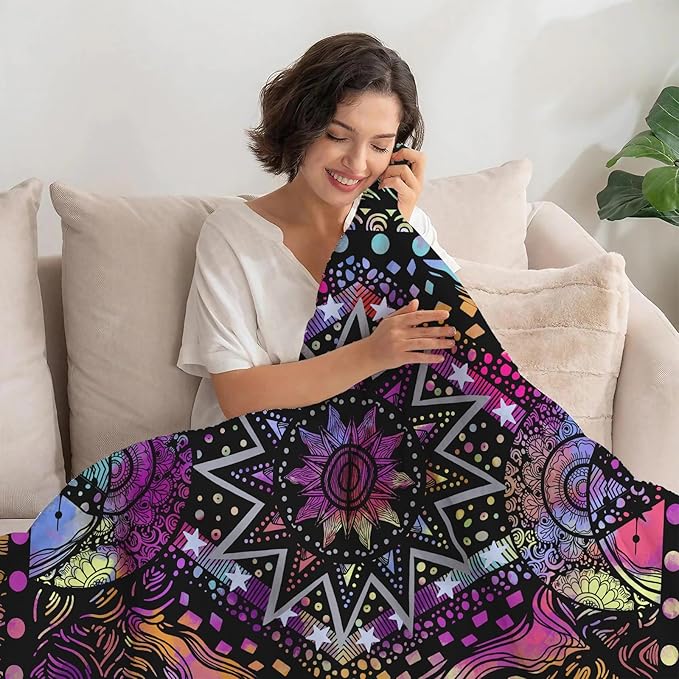 kampdream Colorful Ceometric Art Throw Blanket, Hippie Abstract Sun and Moon Purple Aesthetic Comforter Nap Throws for Couch Chair Bed Decor Comforter 50×60 inch