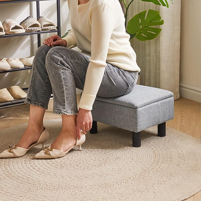 IBUYKE Storage Ottoman Footrest Stool with Linen Fabric, Rectangular, Flip Top Lid, Non-Slip Feet, Compact Design, Stylish and Functional, Gray Blue RF-BD224