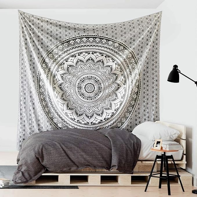 ANJANIYA Ombre Wall Hanging Bohemian Tapestry, Metallic Wall Art Bedspread, Psychedelic Hippie Mandala Dorm Décor for Hanging, Bedding, Beach Coverlet Curtain, Grey Black, 54"X60"