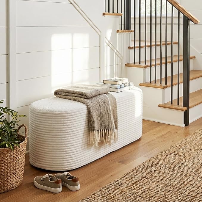 Giantex Stuffed Pouf Ottoman Bench, 47" Plush Corduroy End of Bed Bench with High-Density Sponge, Oval Ottoman Foot Rest for Living Room, Entryway, Hallway, Beige