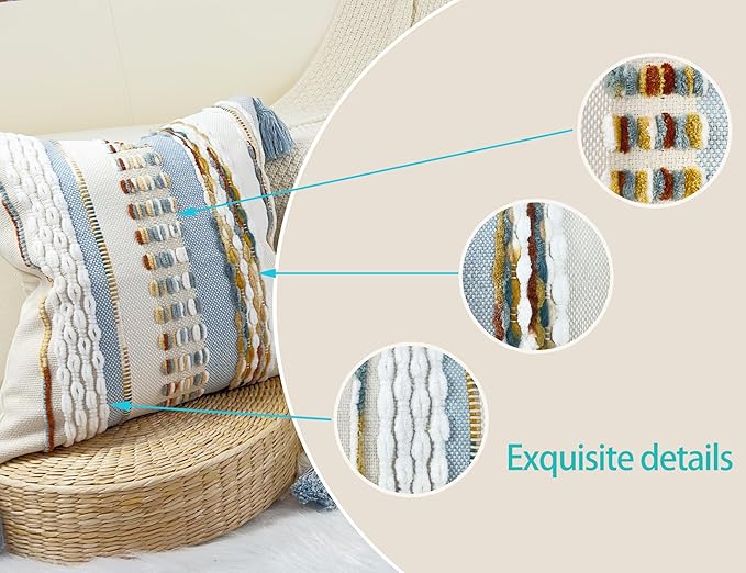 Boho Throw Pillow Covers 16x16 Aesthetic Neutral Boucle Couch Pillow Cover Rainbow Striped Decorative Accent Pillow Case for Couch Bed Sofa Farmhouse Bedroom,Modern Funky,Set of 2 Light Blue