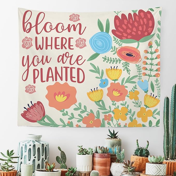 MNOSAIOO Inspirational Floral Spring Wall Tapestry Hanging for Classroom, Bloom Where You Are Planted Tapestry, Cute Nursery Colorful Tapestries Wall Decor for Bedroom Therapy Girly Room 60x50 inch