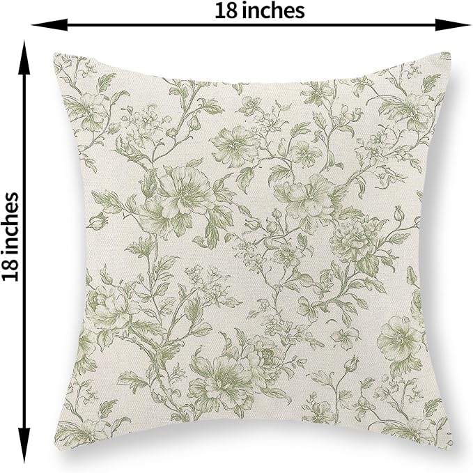 Sage Green Pillow Covers 18x18 Set of 2 Light Green Floral Chinoiserie Throw Pillows Vintage Rustic Toile Flower Decorative Pillow Cases Outdoor Chinoiserie Decor Cushion Case for Couch Sofa