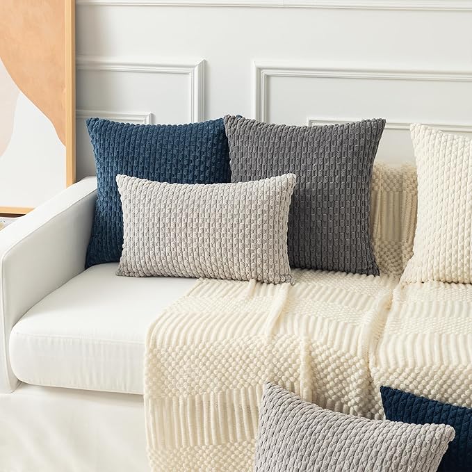 Kevin Textile 16x24 Inch Pillow Cover 1 Pack Boho Decorative Soft Striped Corduroy Lumbar Farmhouse Solid Color Accent Rectangle Cushion Case for Living Room Couch Sofa Bed, Blue