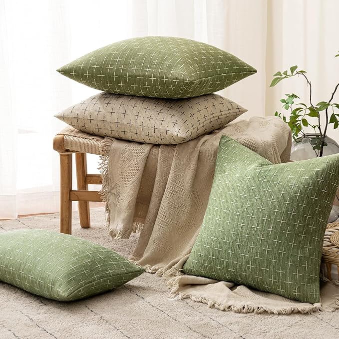 MIULEE Pack of 2 Decorative Burlap Linen Spring Throw Pillow Covers Farmhouse Pillowcases Modern Rustic Woven Textured Cushion Cover for Sofa Couch Bed 24x24 Inch Sage Green