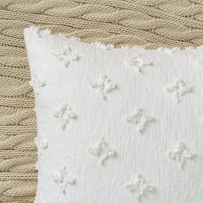 ANRODUO Pack of 2 White Floral Decorative Throw Pillow Covers with Tufted Rhombic Jacquard for Room Decor Boho Pillow Covers 16x16 Cute and Soft Pillowcase for Couch Sofa and Living Room Fall Decor