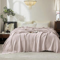 FOSSA Muslin Blanket with Fringe - 4-Layer 100% Cotton Gauze Super Soft & Breathable Throw -Lightweight Decorative Cooling Blanket for Bed, Sofa, Office (Greyish Pink, Oversize Queen (98" × 98"))
