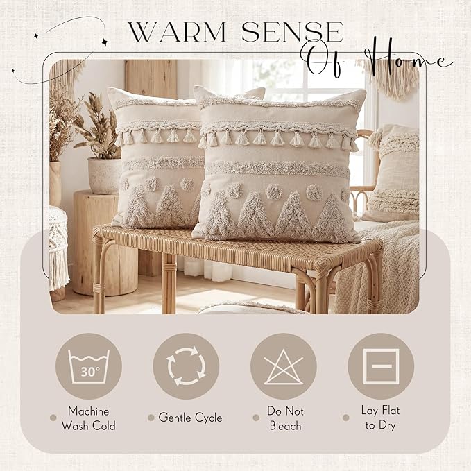 Tegeme 2 Pack Boho Throw Pillow Covers 18 x 18 Inch Tufted Textured Woven Farmhouse Decorative Pillowcases with Tassels Modern Neutral Cream Couch Pillows with Zipper for Sofa Bed Living Room
